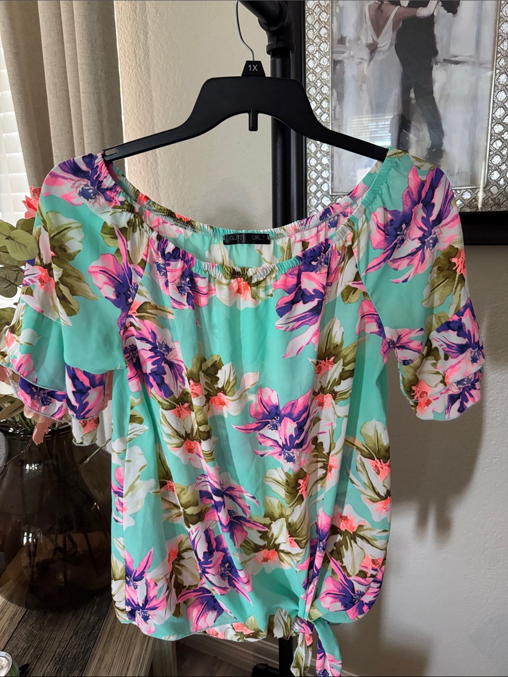 Tropical Floral Off-Shoulder Blouse - Turquoise